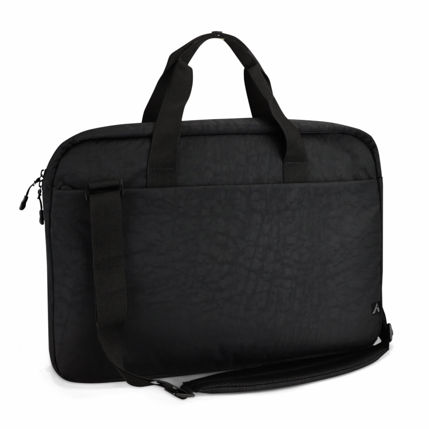 A black laptop bag with a textured finish, featuring dual handles and a detachable shoulder strap. It has a logo. ARCHER Tasman Laptop Bag - Image 1