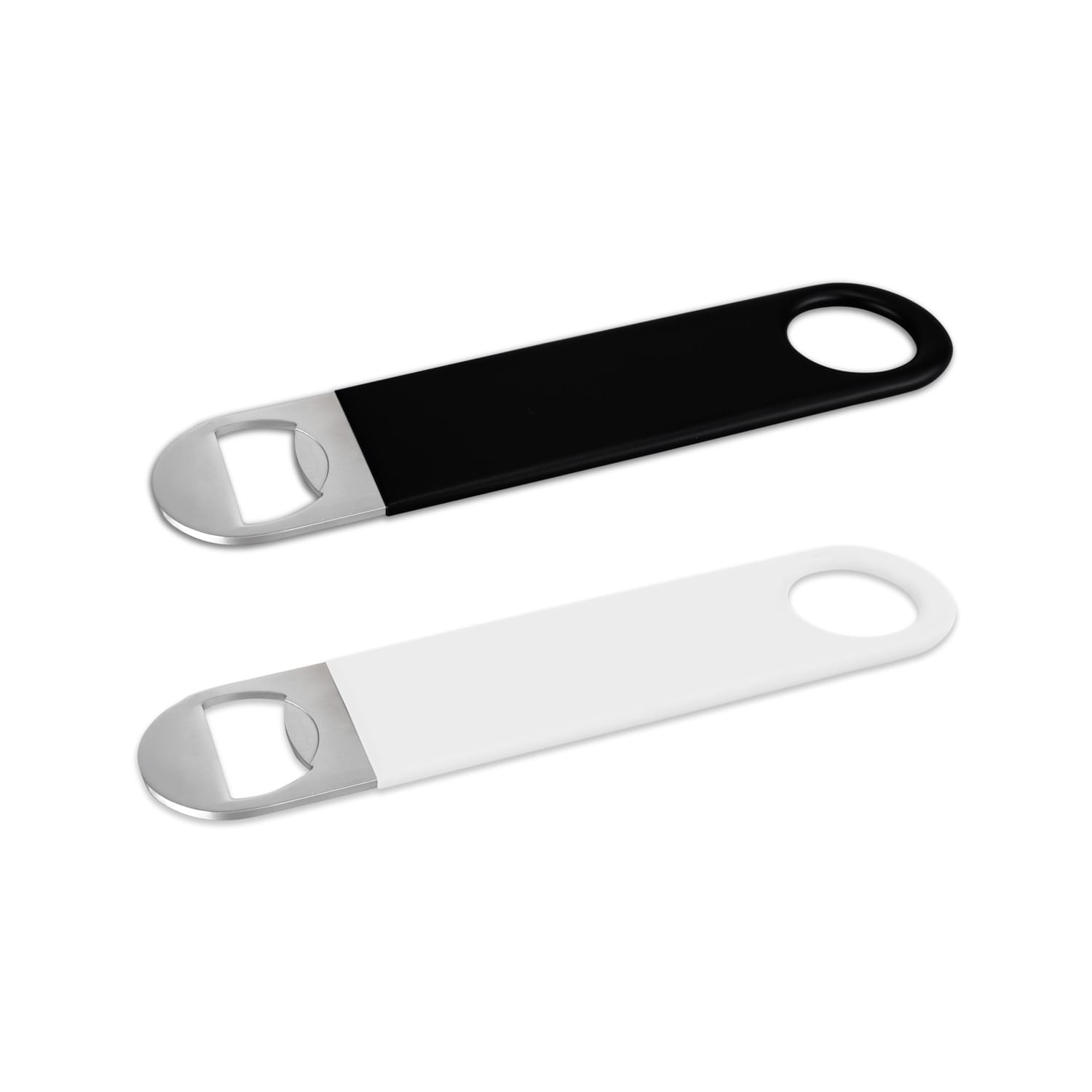 A drink bottle opener featuring a large design, available in black and white with a silver metal opener. Bramberg Bottle Opener - Large - Image 1
