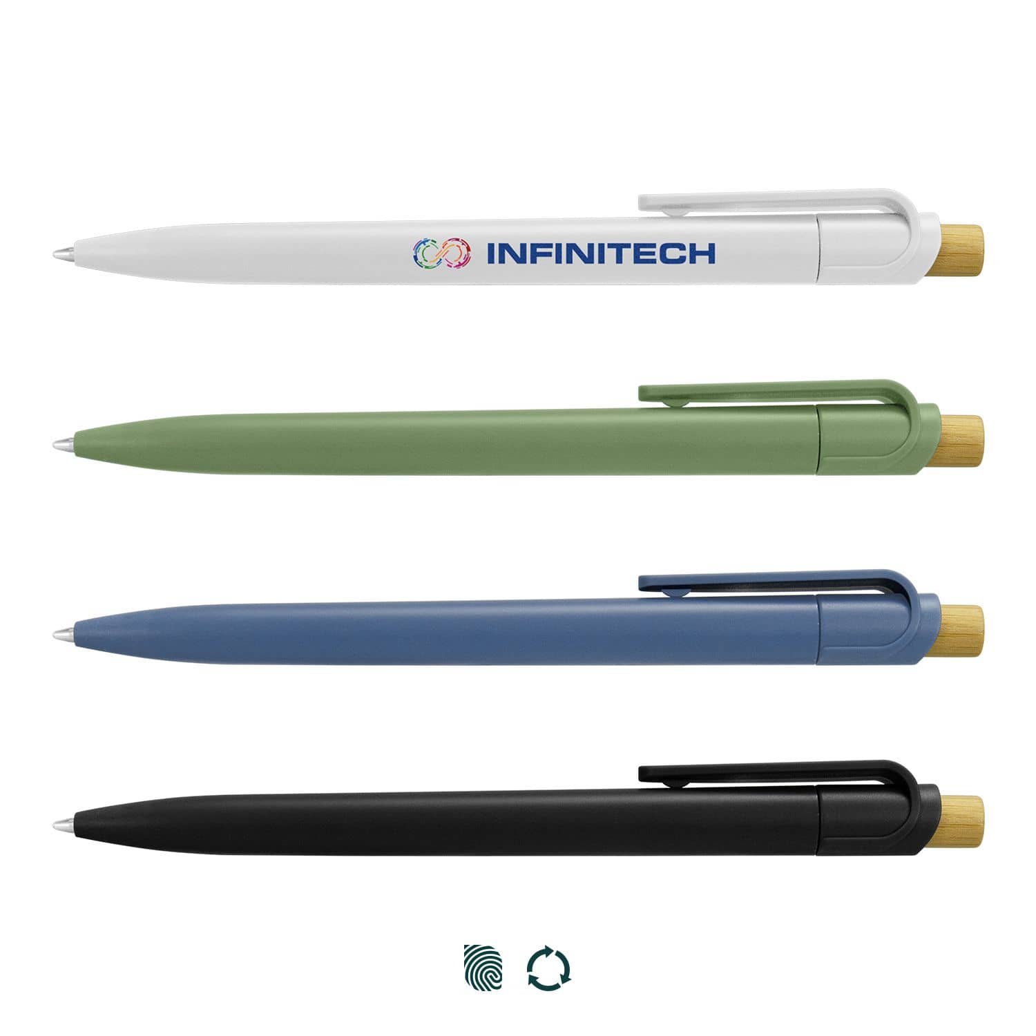 A set of four recyclable plastic pens in white, green, blue, and black, featuring a bamboo accent and a logo. Savannah Recycled Plastic Pen - Image 1
