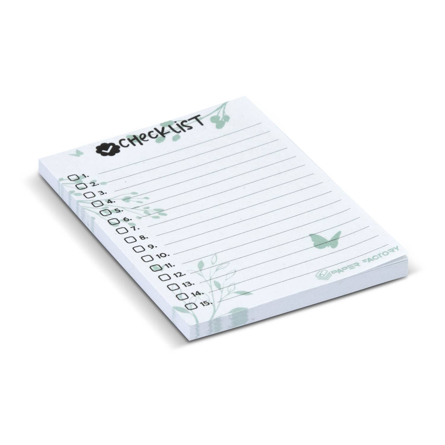 A recycled sticky pad in white with green floral designs, featuring 50 sheets and a checklist format. A recycled sticky pad in white with green floral designs, featuring 50 sheets and a checklist format.