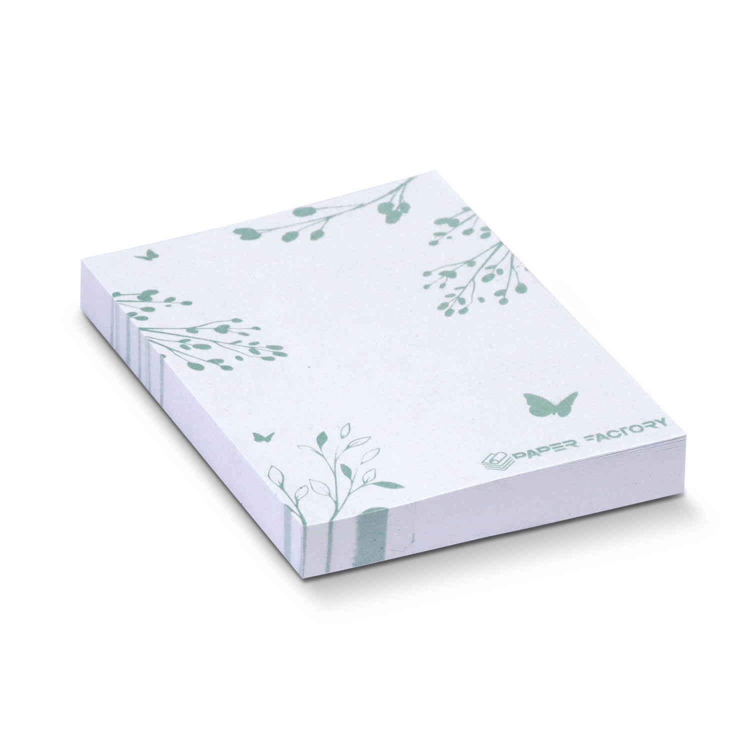 A stack of recycled sticky pads in white with green leaf and butterfly designs, featuring 100 sheets. A stack of recycled sticky pads in white with green leaf and butterfly designs, featuring 100 sheets.