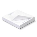 A white sticky notepad with a sheet slightly lifted, featuring lined pages and a logo on the corner.