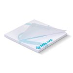 A white sticky pad featuring a blue design, containing 50 sheets, with a logo on the cover.