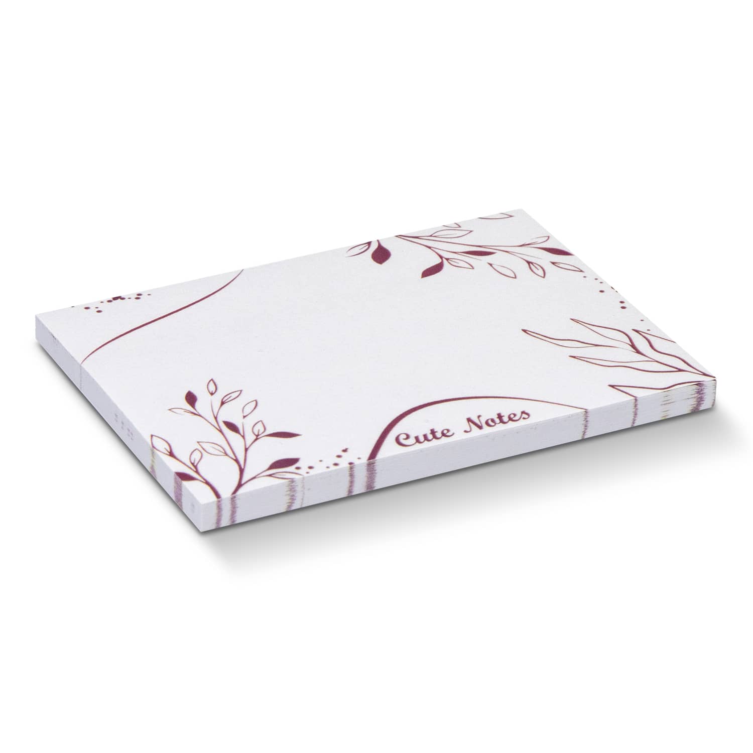 A white sticky pad featuring a floral design, containing 50 sheets and measuring 100 x 75mm. It has a logo. A white sticky pad featuring a floral design, containing 50 sheets and measuring 100 x 75mm. It has a logo.