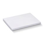 A white sticky pad featuring 50 sheets, measuring 100 x 75mm, with a smooth edge and a plain surface.