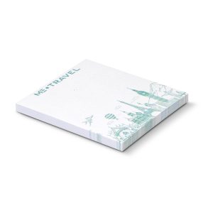 A white sticky pad with a design featuring travel motifs, measuring 70 x 75mm and containing 50 sheets.