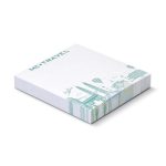 A stack of white sticky pads measuring 70 x 75mm, featuring a decorative design and a logo on the cover.