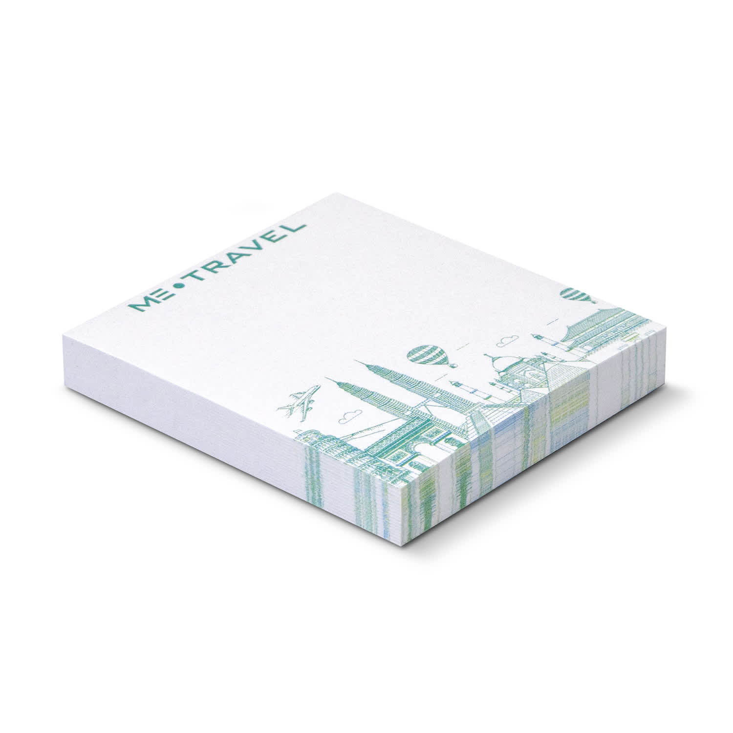 A stack of white sticky pads measuring 70 x 75mm, featuring a decorative design and a logo on the cover. A stack of white sticky pads measuring 70 x 75mm, featuring a decorative design and a logo on the cover.