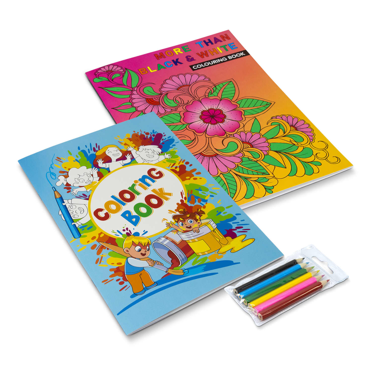 A4 colouring books featuring vibrant covers in blue and orange, accompanied by a set of coloured markers. Custom Cover Colouring Book - A4 - Image 1