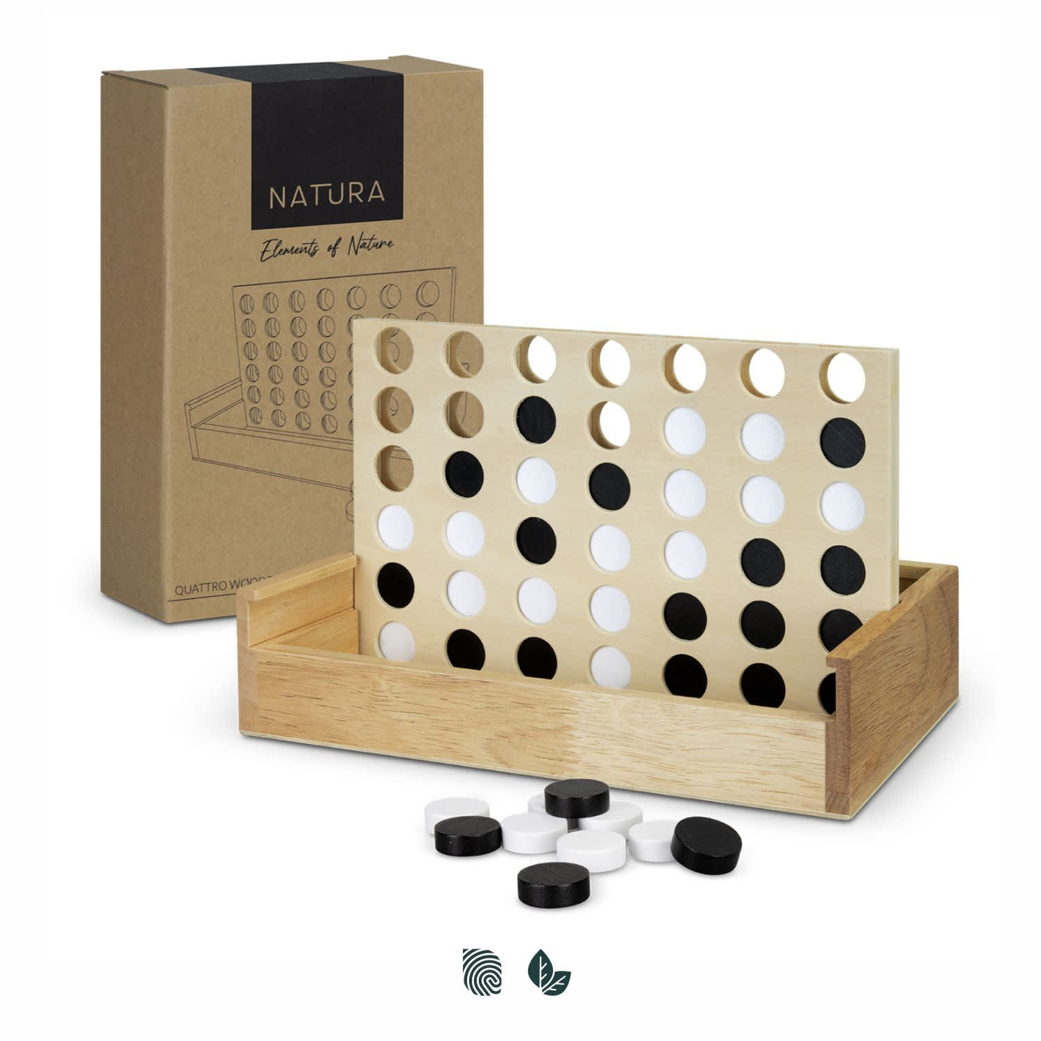A wooden four-in-a-row game in a natural finish, featuring black and white game pieces, with a branded box in the background. NATURA Quattro Wooden Four-in-a-Row Game - Image 1