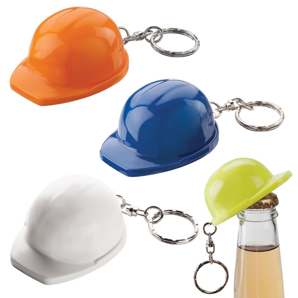 A collection of hard hat keyrings in orange, blue, white, and yellow, each with a metallic keychain attachment. Hard Hat Keyring - Image 1
