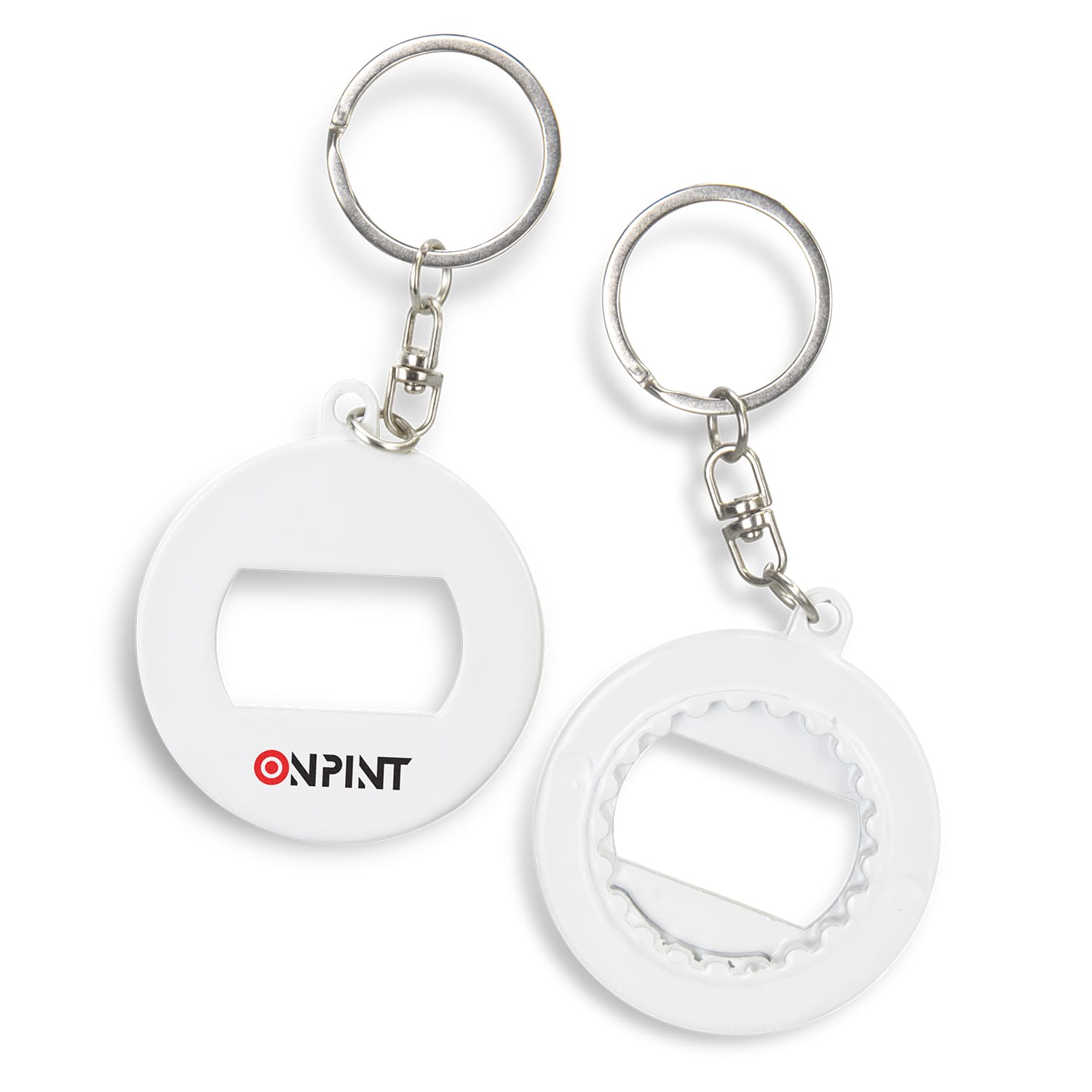 A drink bottle opener key ring in white with a metallic chain and attached keyring, featuring a logo. Presto 3-in-1 Bottle Opener Key Ring - Image 1
