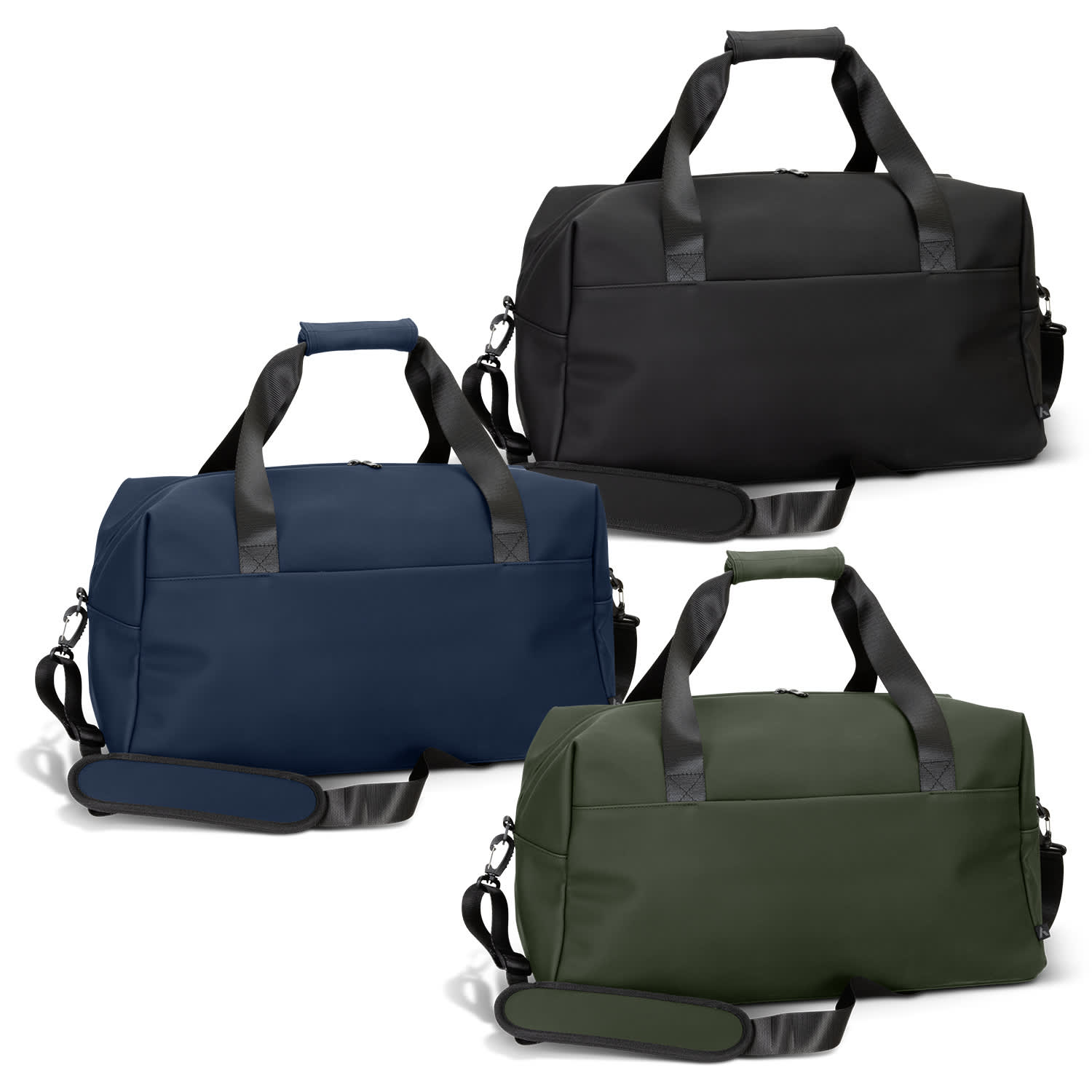 A duffle bag collection featuring black, navy, and olive green bags with dual handles and a shoulder strap. ARCHER Soft-Touch Duffle Bag - Image 1