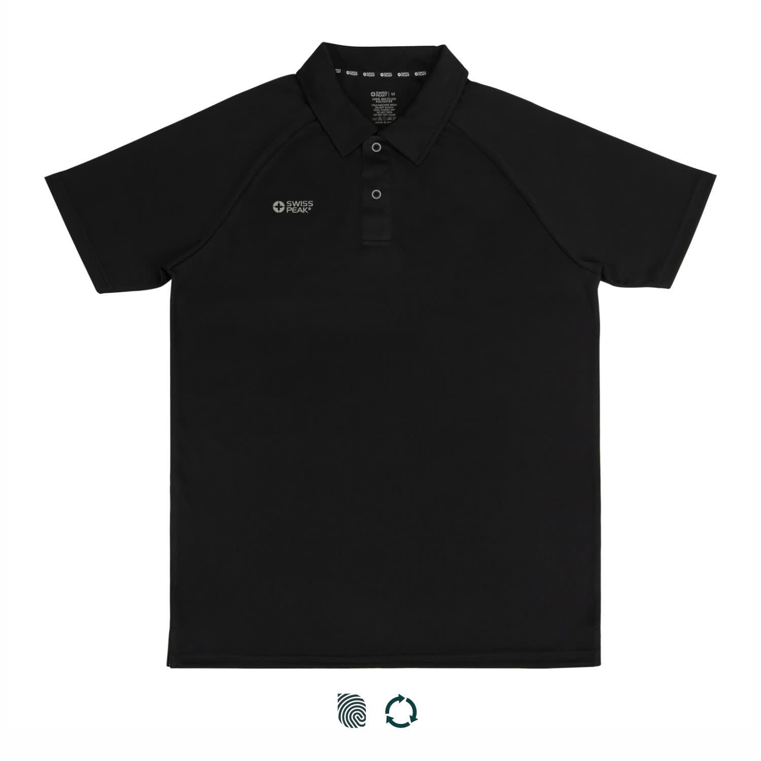 A black unisex polo shirt featuring a logo on the chest, with a classic collar and short sleeves. Swiss Peak Urban Unisex Polo - Image 1