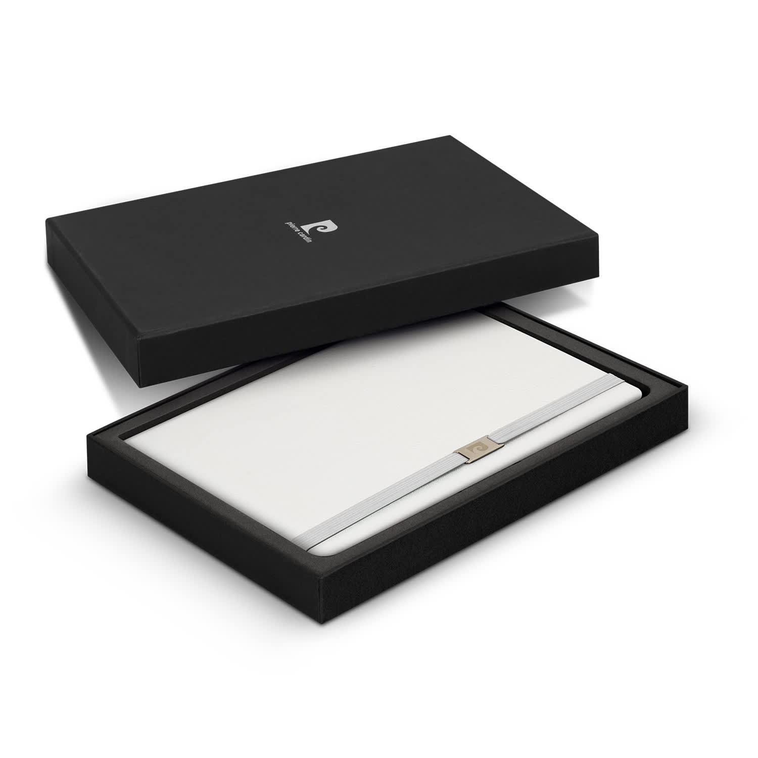 A sleek black gift box containing a white notebook with a metallic strap, featuring a brand logo. Pierre Cardin Nouvelle Notebook Gift Set - Special - Image 1