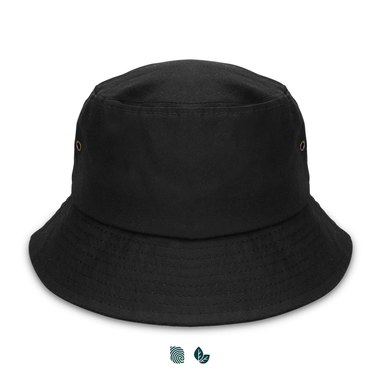 A black organic bucket hat with a simple design and eyelets, featuring a logo. Essence Organic Bucket Hat - Image 1
