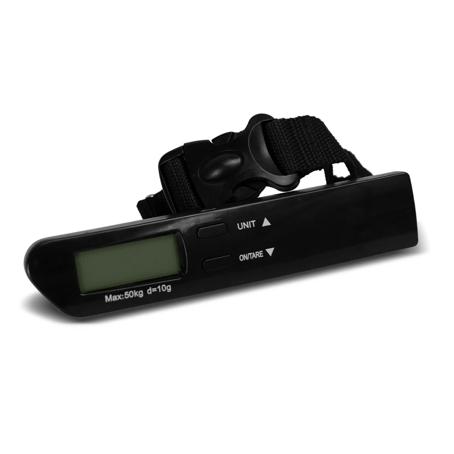 A black travel luggage scale with a digital display and a strap for weighing bags, featuring buttons for unit adjustment. Travel Luggage Scale - Image 1
