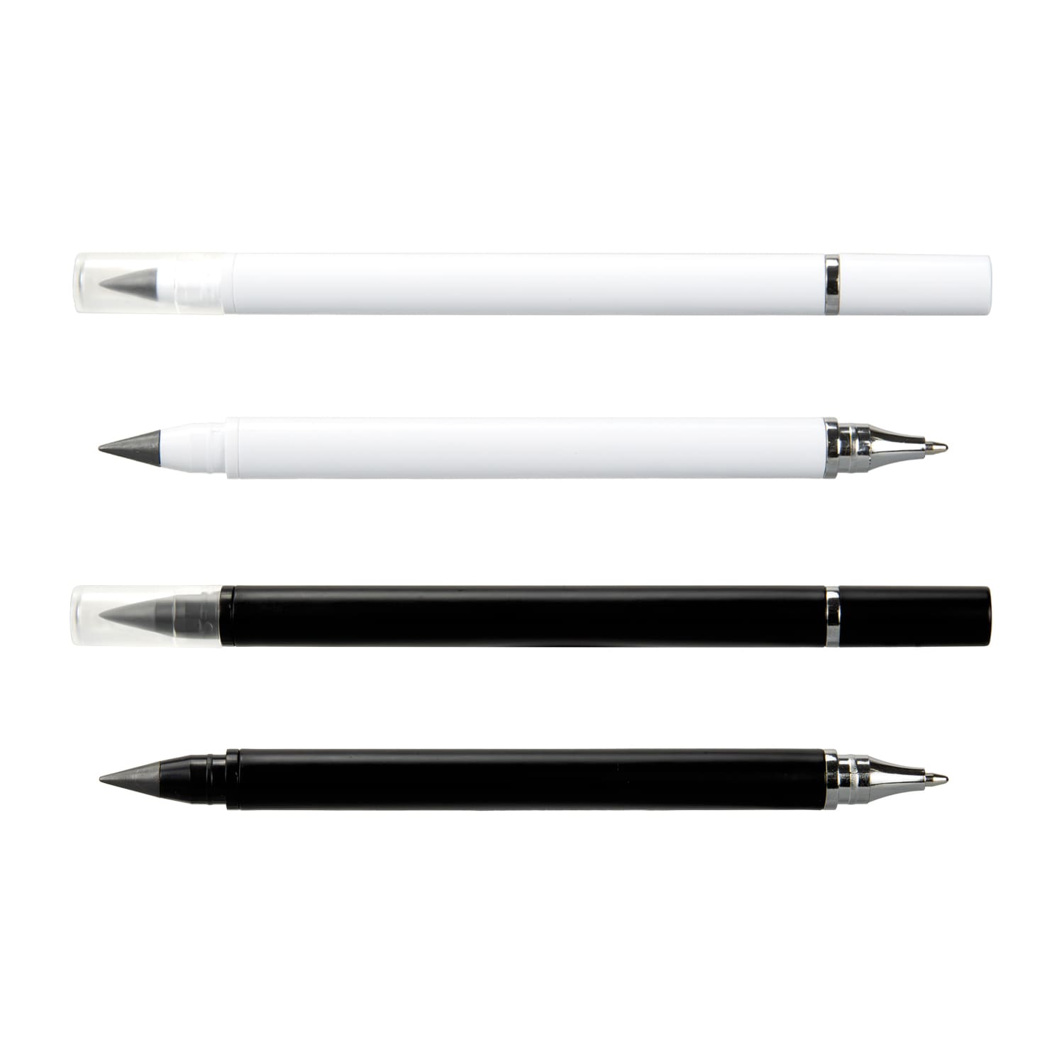 A collection of three dual-tip pens in white and black with clear caps and silver detailing. Switch Dual-Tip Pen - Image 1