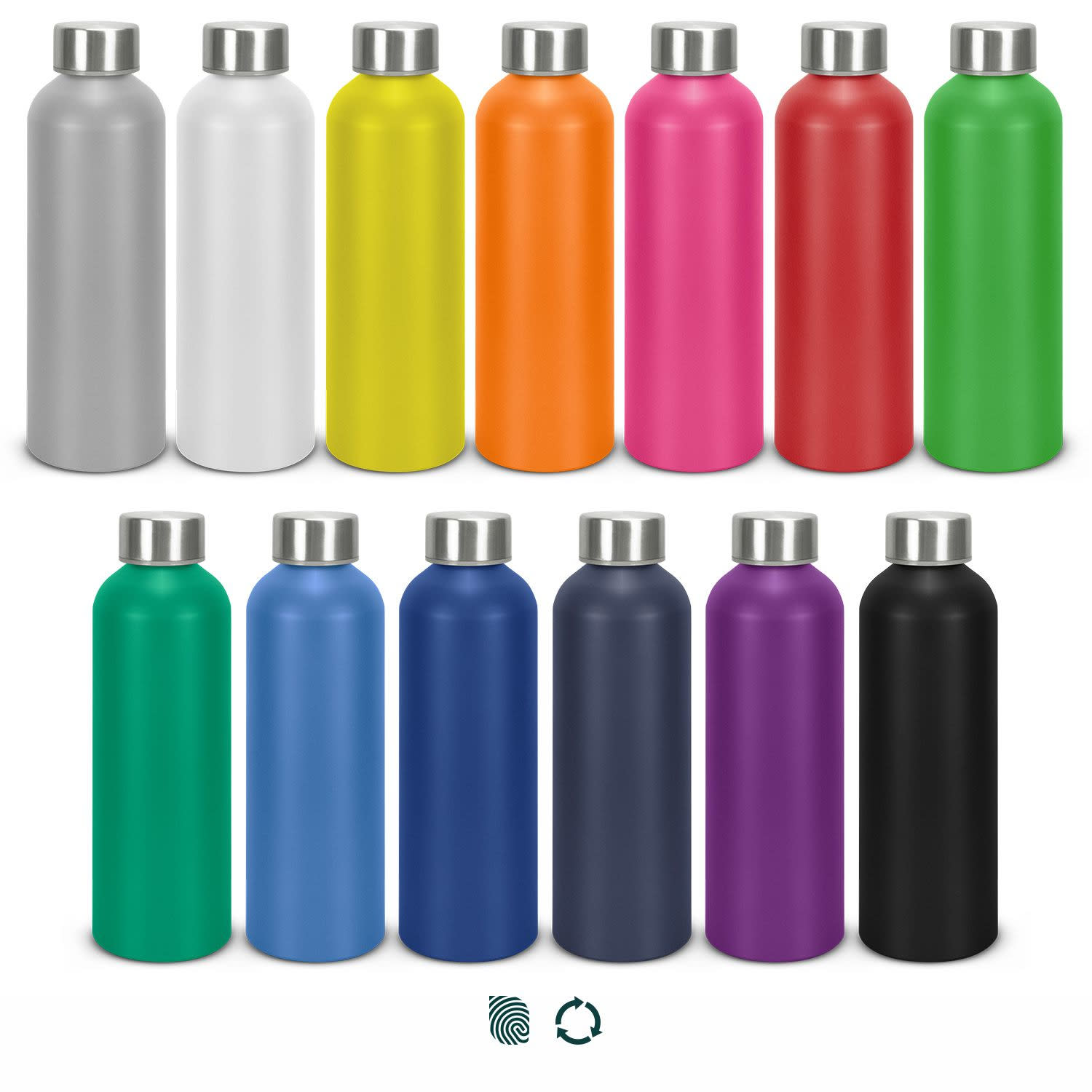 A drink bottle collection featuring various colours, including silver, white, yellow, orange, pink, green, blue, black, and purple, with metal tops. Venus Recycled Aluminium Bottle - Image 1
