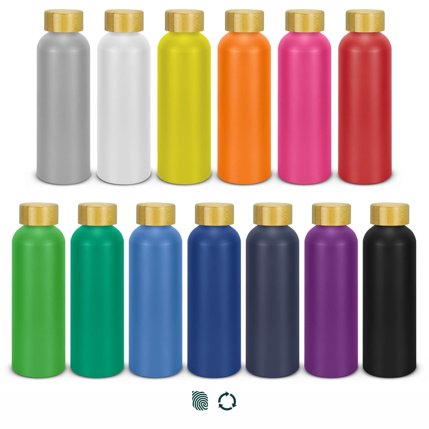 A drink bottle collection featuring various colours: silver, white, yellow, orange, pink, red, green, blue, navy, purple, and black, each with a gold lid. Eden Recycled Aluminium Bottle - Image 1