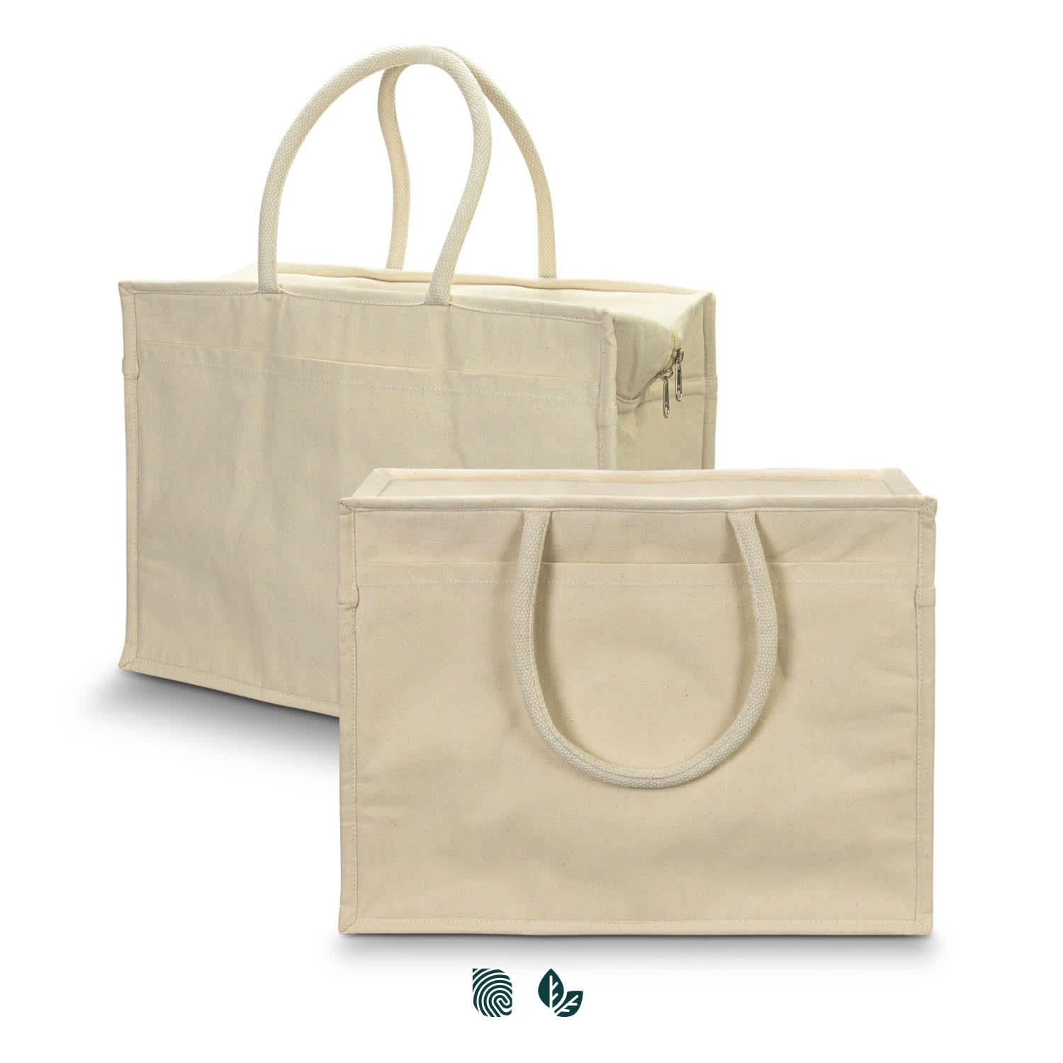 A beige shopping cooler tote with two handles and a zipper, featuring an exterior pocket and branding on the front. Iconic Shopping Cooler Tote - Image 1