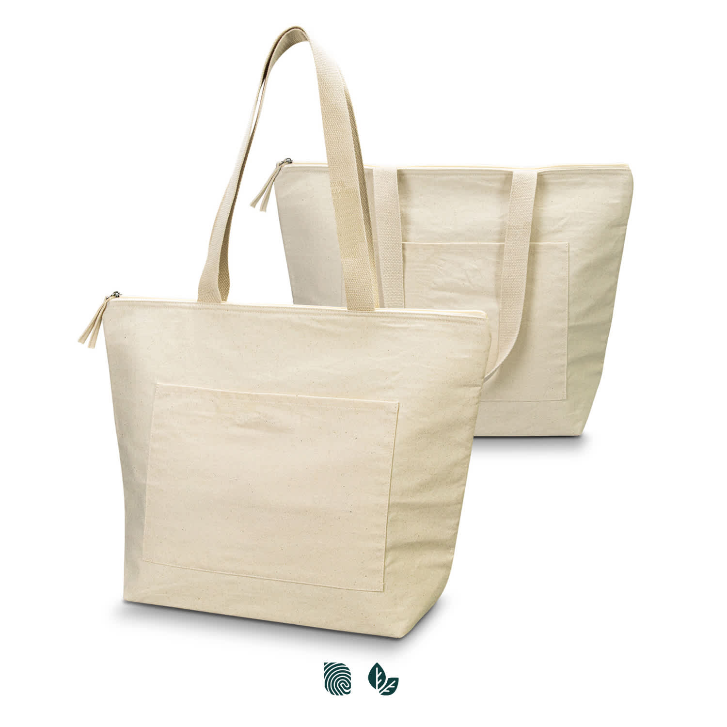 A cream cotton cooler tote with a zippered closure and long handles, featuring a front pocket. It has a logo. Waldorf Cotton Cooler Tote - Image 1