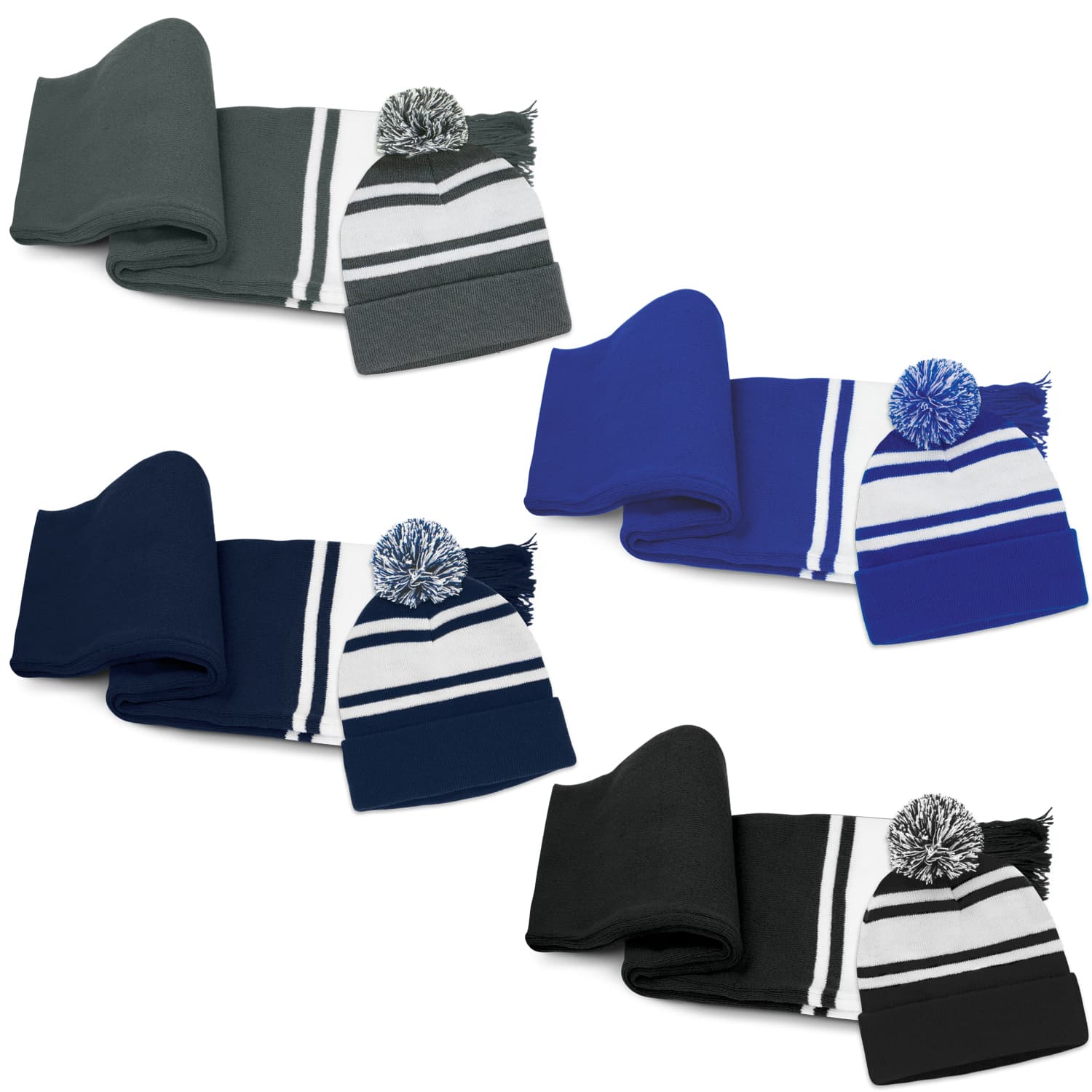 A beanie with a pom pom and a matching scarf set in grey, blue, navy, and black variations. Each set features striped detail. Commodore Scarf and Beanie with Pom Pom Set - Image 1