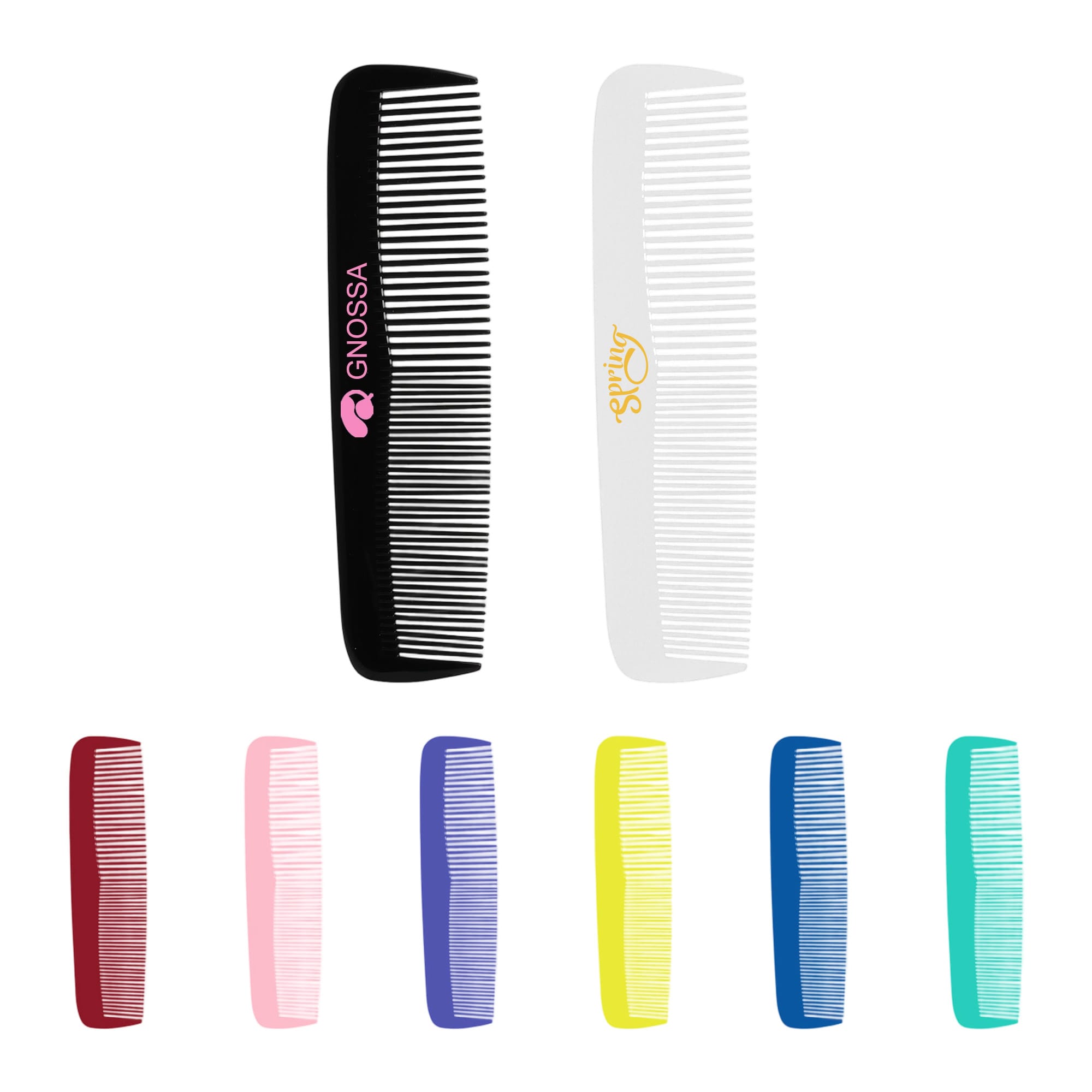 A set of custom blended-tooth combs in various colours including black, white, red, pink, purple, blue, yellow, and green. Custom Blended-Tooth Comb - Image 1