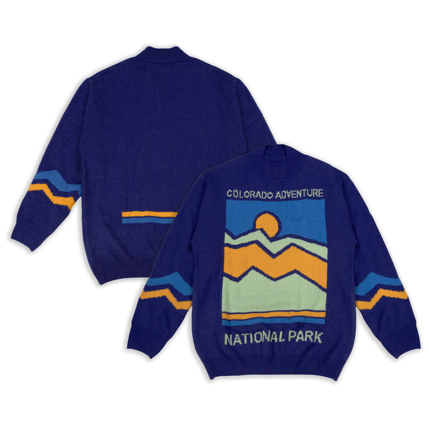 A blue knitted jumper featuring a mountain and sun design in yellow and orange with a logo. Glenorchy Custom Knitted Jumper - Image 1