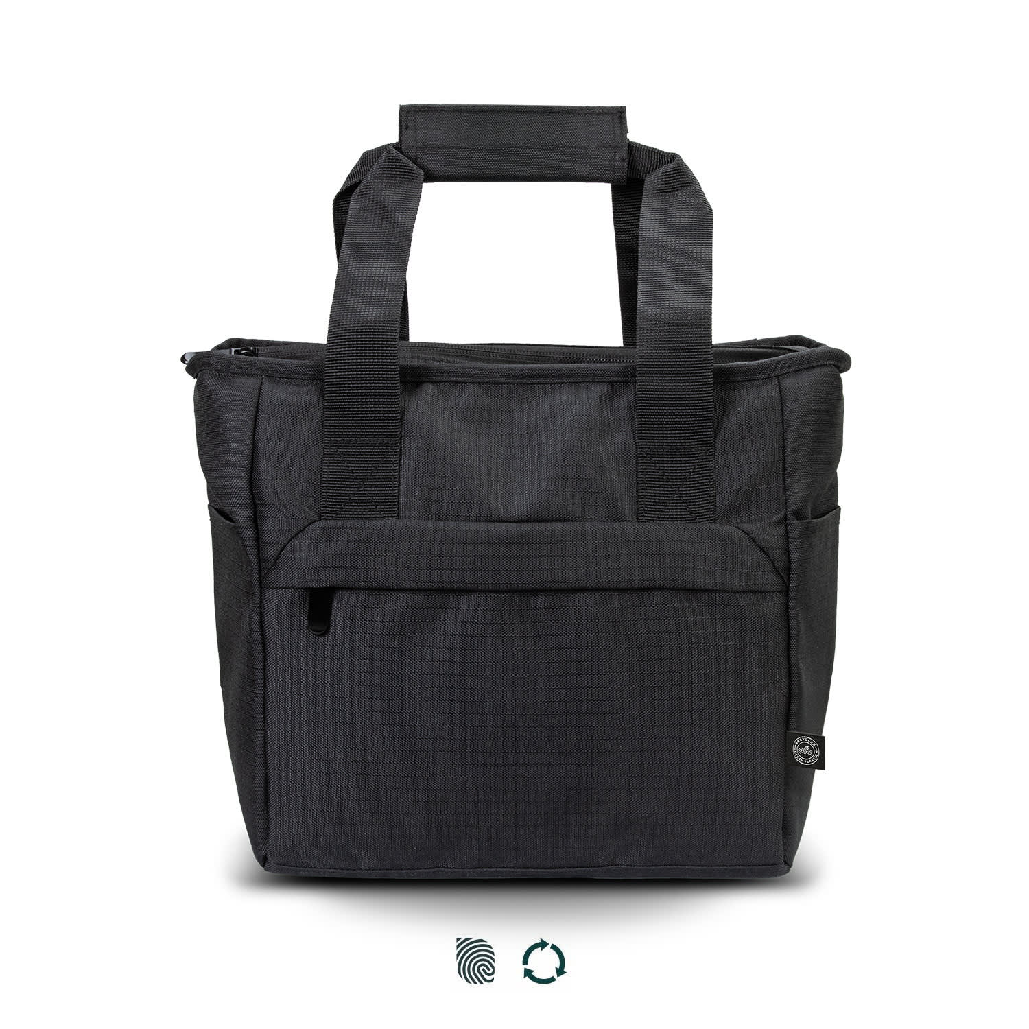 A black cooler bag with two handles, featuring a zippered compartment and side pockets. It also has a logo. Oceana Recycled Cooler Bag - Image 1