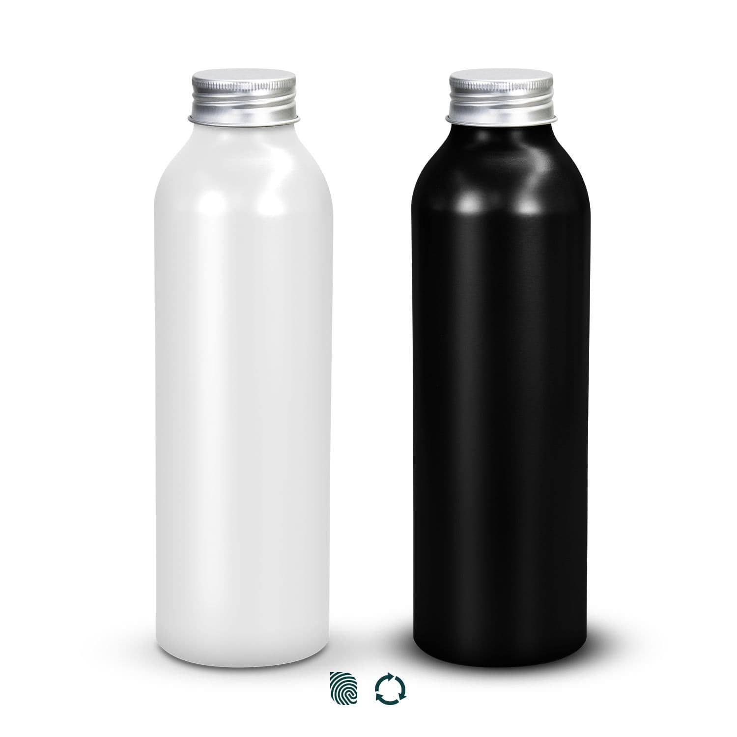 A drink bottle featuring a sleek design in black and white, with a silver screw top and a branding logo. Octiva Aluminium Bottle - Image 1