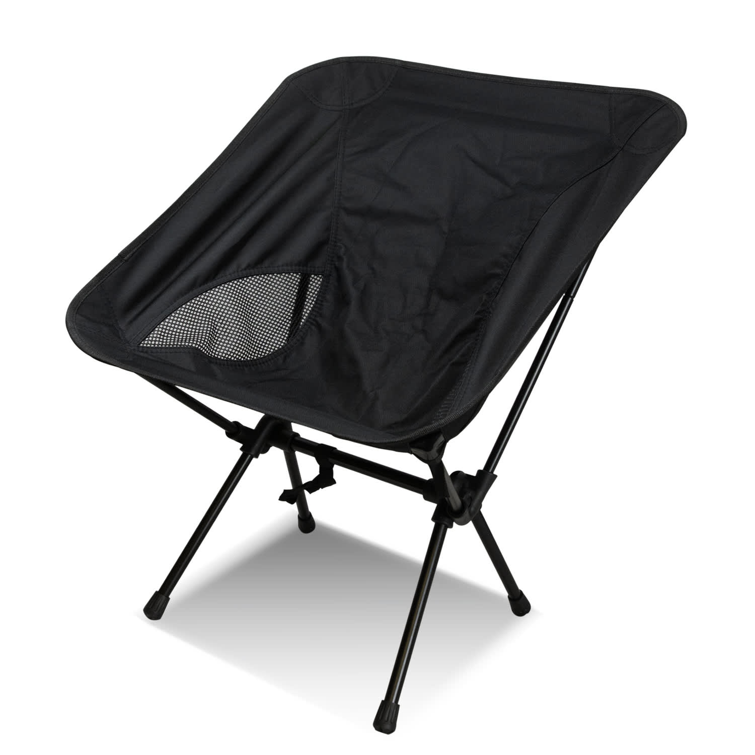 A lightweight folding chair with a black fabric seat and a mesh panel, featuring a sturdy black frame. Frontier Lightweight Folding Chair - Image 1