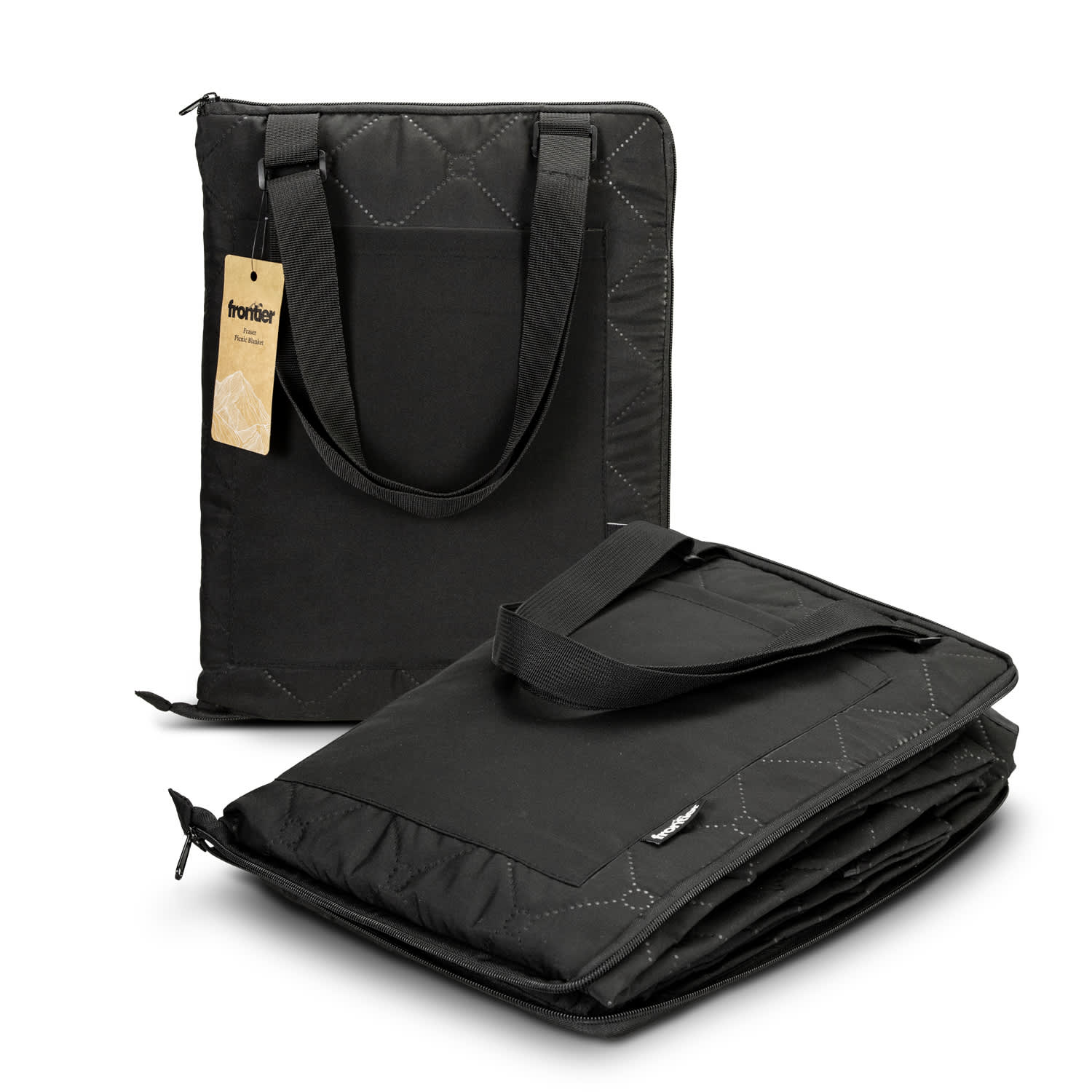 A black picnic blanket with a quilted design, featuring carrying handles and a logo. It is folded for easy transport. Frontier Fraser Picnic Blanket - Image 1