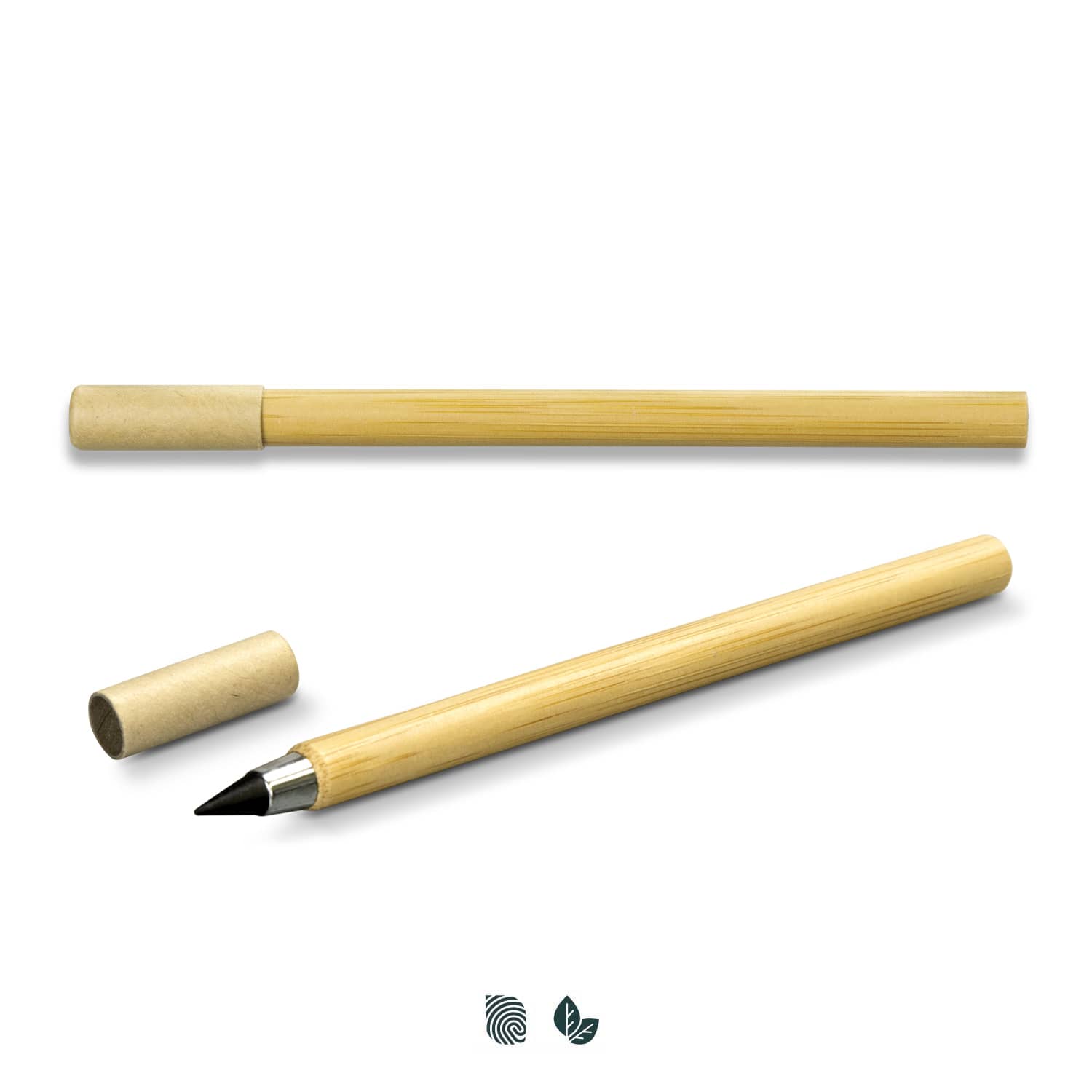 A bamboo pen with a natural finish and a concealed tip, alongside its matching protective cap. Infinity Inkless Bamboo Pen - Image 1