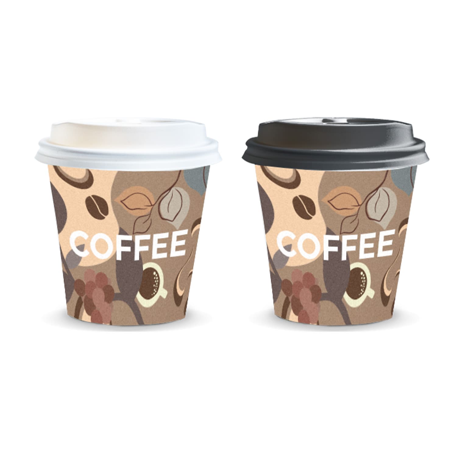 A paper coffee cup set in brown and cream, with one featuring a white lid and the other a black lid, both displaying a logo. Kudos Paper Coffee Cup - 180ml - Image 1