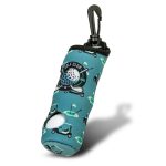 A golf ball holder in teal with a golf-themed design and a clip for attachment. It features a logo on the front.