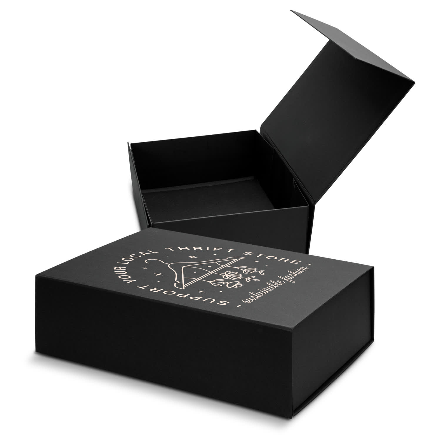 A medium magnetic lid gift box in black with an open lid, revealing a spacious interior. Includes a logo on the exterior. Magnetic Lid Gift Box - Medium - Image 1