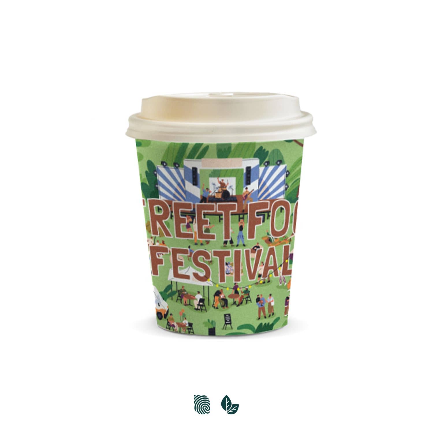 A compostable paper coffee cup, featuring colourful street food festival illustrations and a white lid. Compostable Paper Coffee Cup - 230ml - Image 1