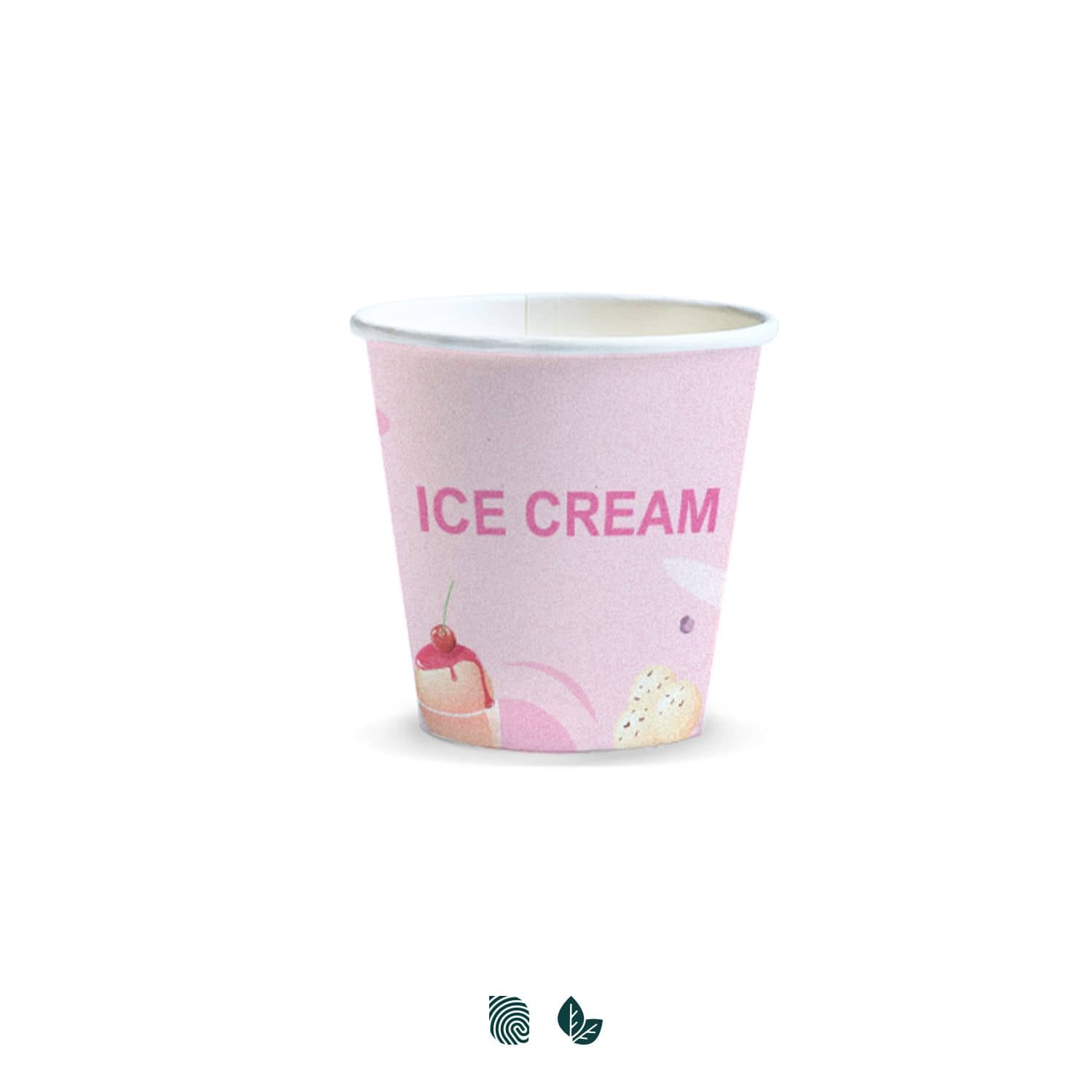 A pink compostable paper cup with an ice cream design and a logo. Suitable for serving ice cream or desserts. Compostable Paper Cup - 180ml - Image 1