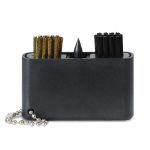 A Caddie Golf Club Cleaning Tool in black, featuring brushes and a spike, attached to a silver chain.
