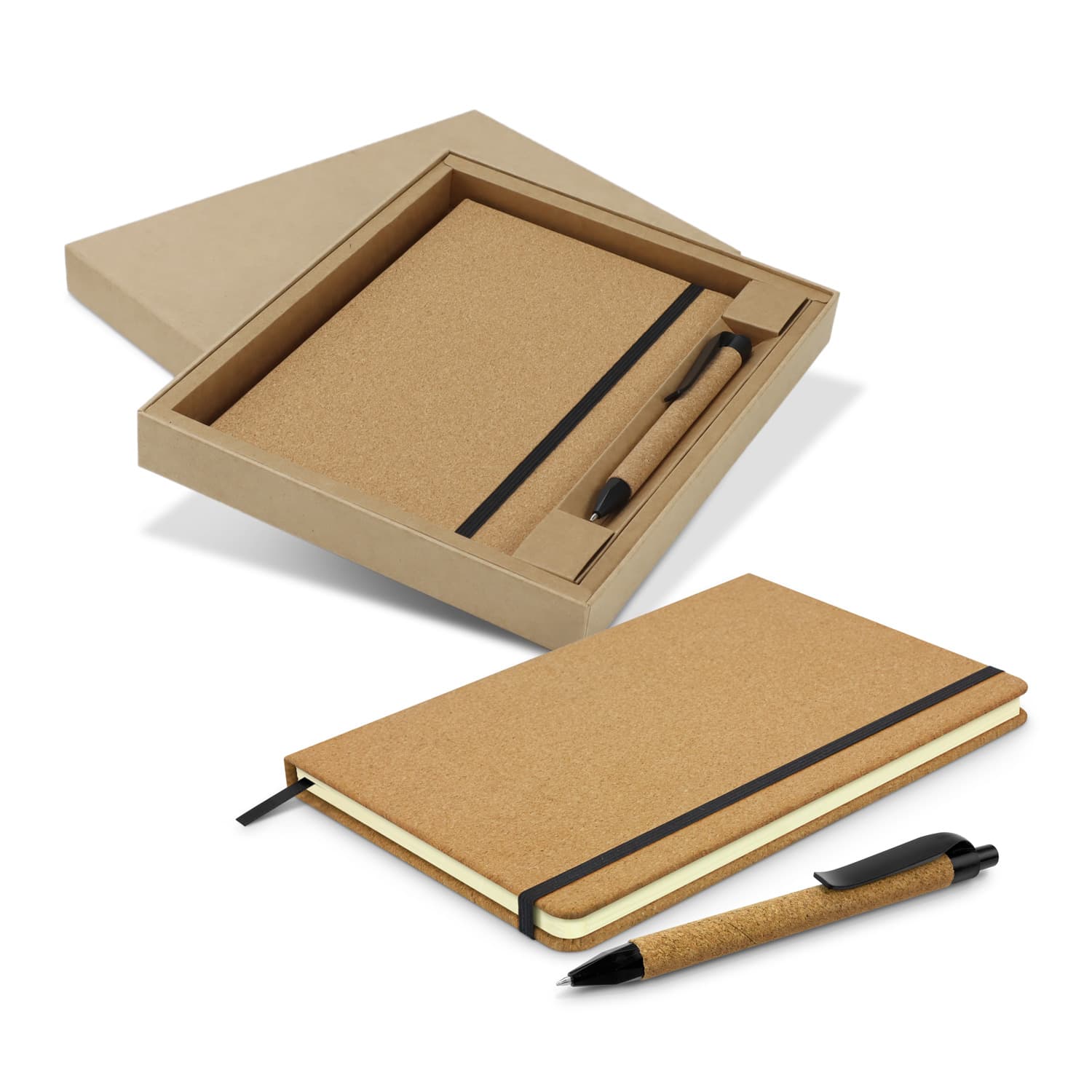 A cork notebook and pen set displayed in a brown gift box, featuring a black elastic band. Somerset Notebook and Pen Gift Set - Image 1
