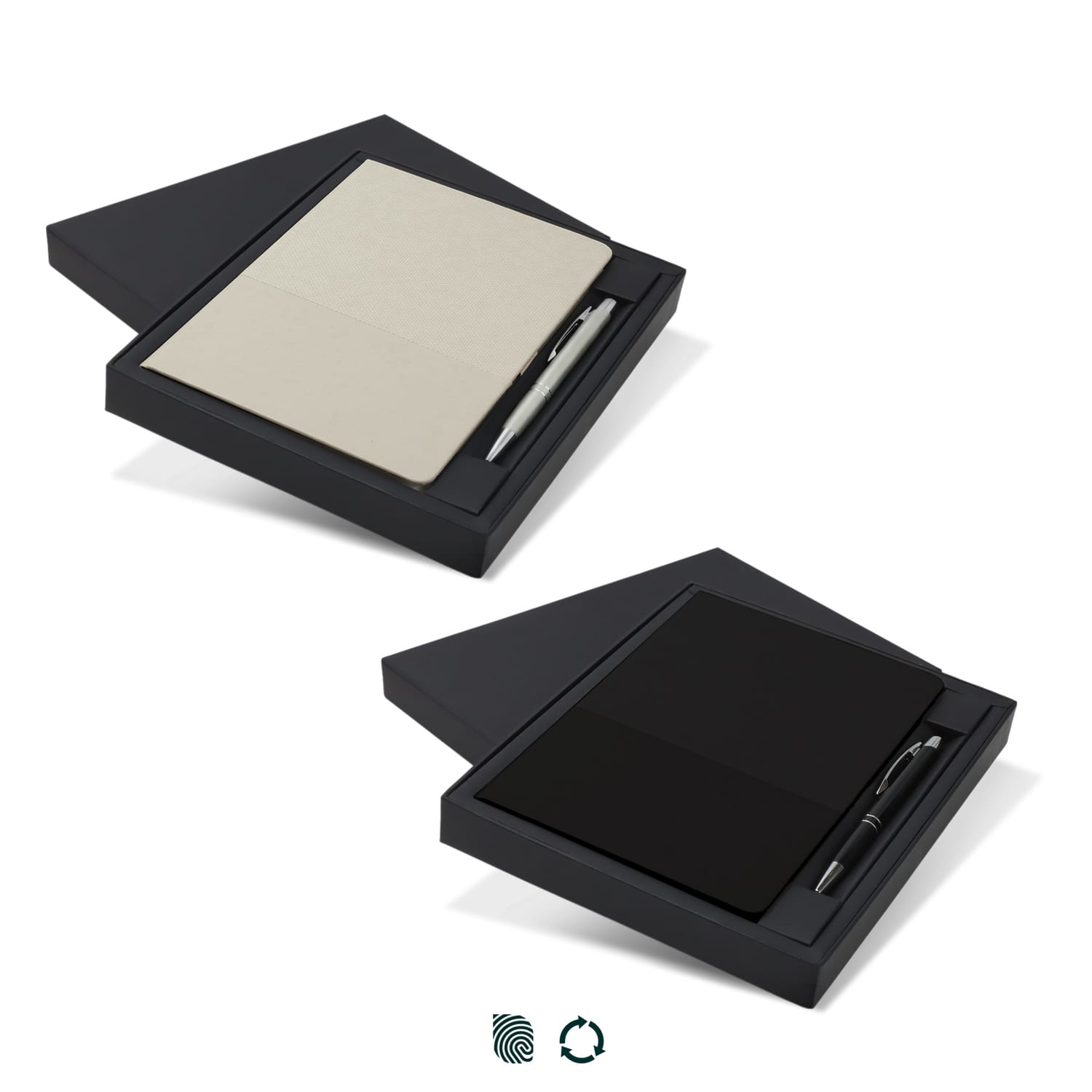 A gift set featuring a black notebook with a cream interior and a sleek black pen, presented in a stylish box. Harvard Notebook and Pen Gift Set - Image 1