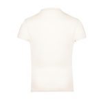 A plain cream organic women's t-shirt with a fitted design and short sleeves, featuring a logo on the back.