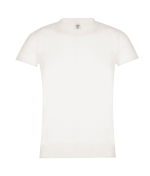 A plain white women's T-shirt with a round neckline and short sleeves. It features a logo on the inner label.