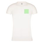 A white women's T-shirt featuring a green square patch on the front and a logo.