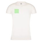 A white women's t-shirt featuring a green square design on the front. The shirt has a fitted style and short sleeves.