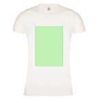 A white women's T-shirt with a green outlined rectangle in the centre. The shirt features a logo.
