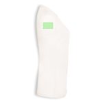 A white organic women's t-shirt with a green label on the shoulder.