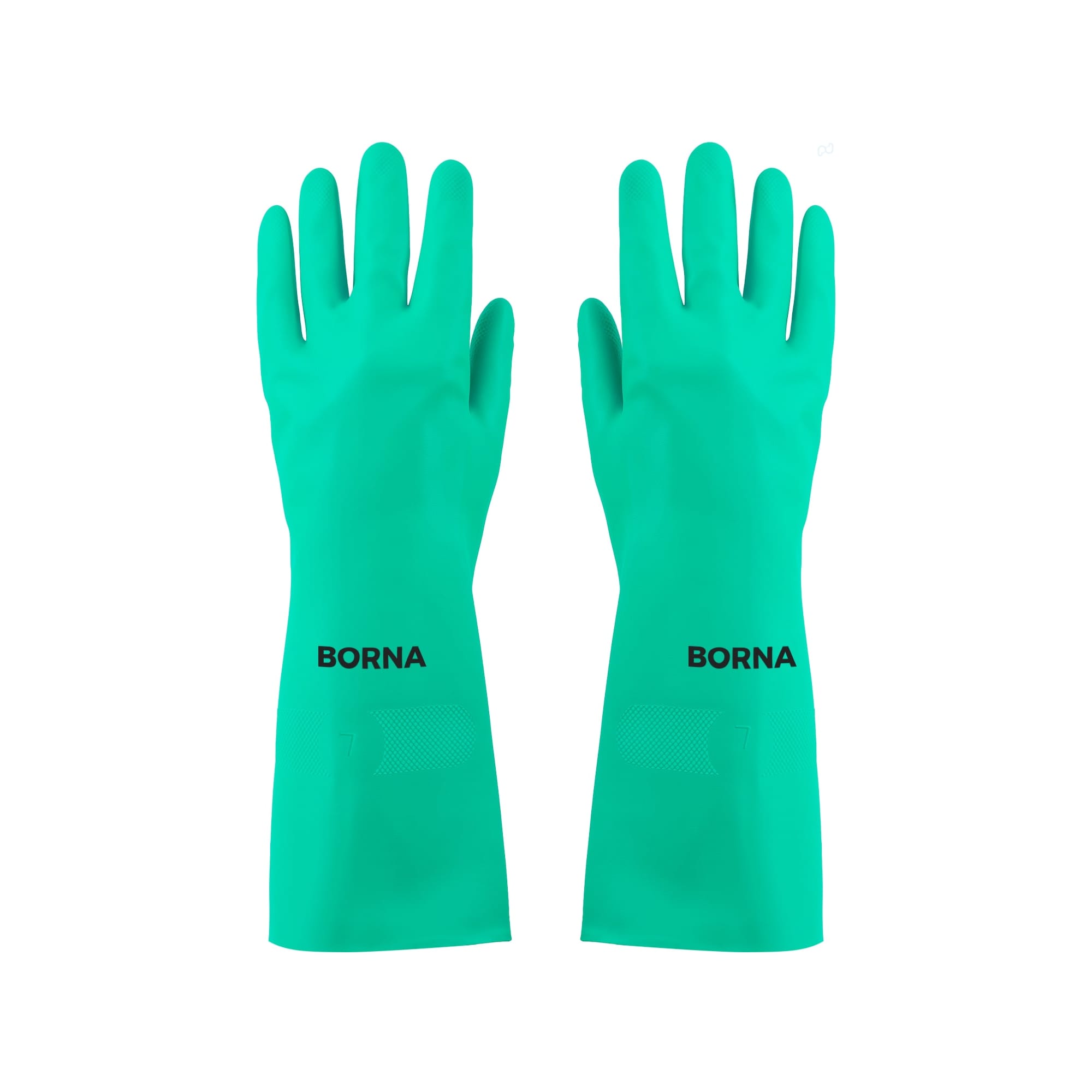 A pair of green reusable nitrile gloves with a logo on one side, designed for cleaning tasks. Reusable Cleaning Nitrile Gloves - Image 1