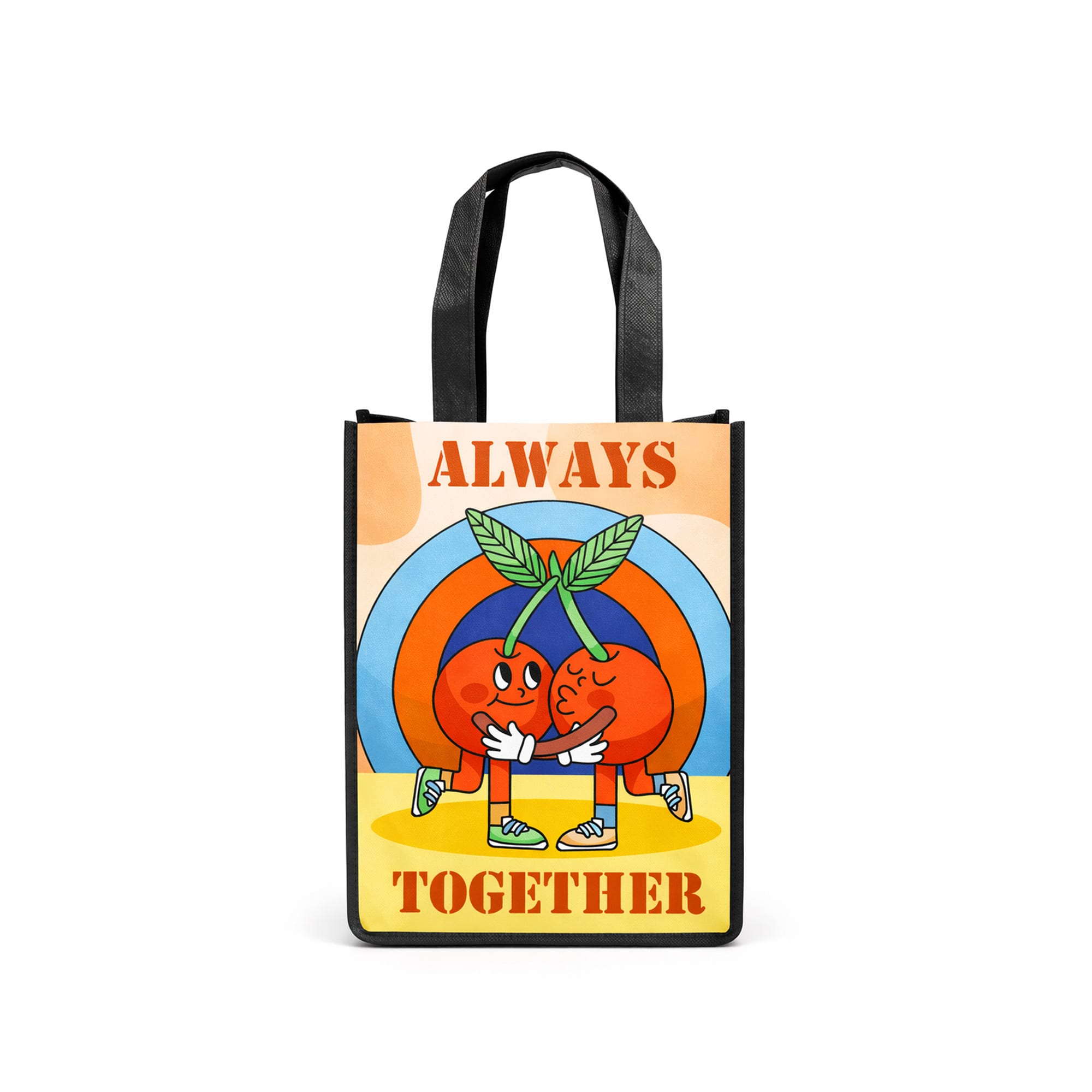 A small tote bag featuring a vibrant design of two cherries with arms and legs, surrounded by a colourful background. Full Colour Tote Bag-Small - Image 1